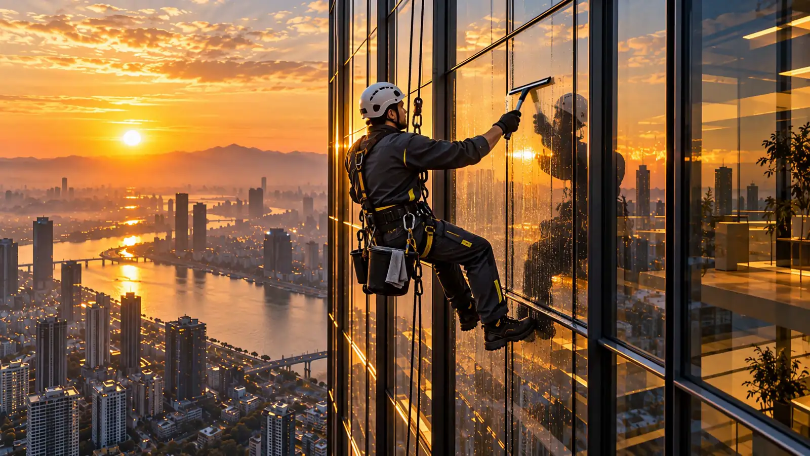 Fassadenreiniger am Seil reinigt eine Glasfassade im Sonnenaufgang