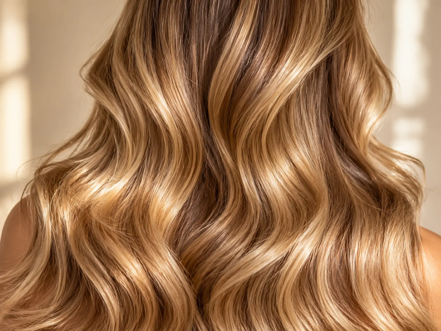 Lange, honigblonde Wellen mit Balayage im warmen Gegenlicht