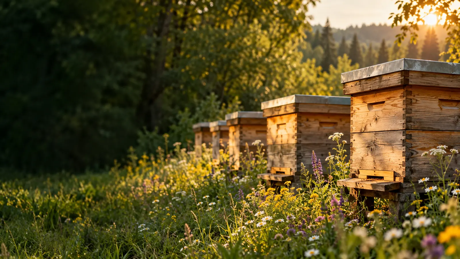 Reihe hölzerner Bienenstöcke auf einer Wildblumenwiese am Waldrand
