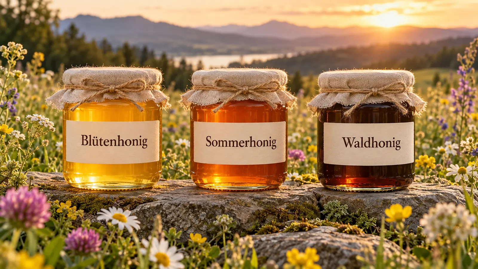Drei Honiggläser: Blütenhonig, Sommerhonig und Waldhonig auf Steinen in einer Blumenwiese