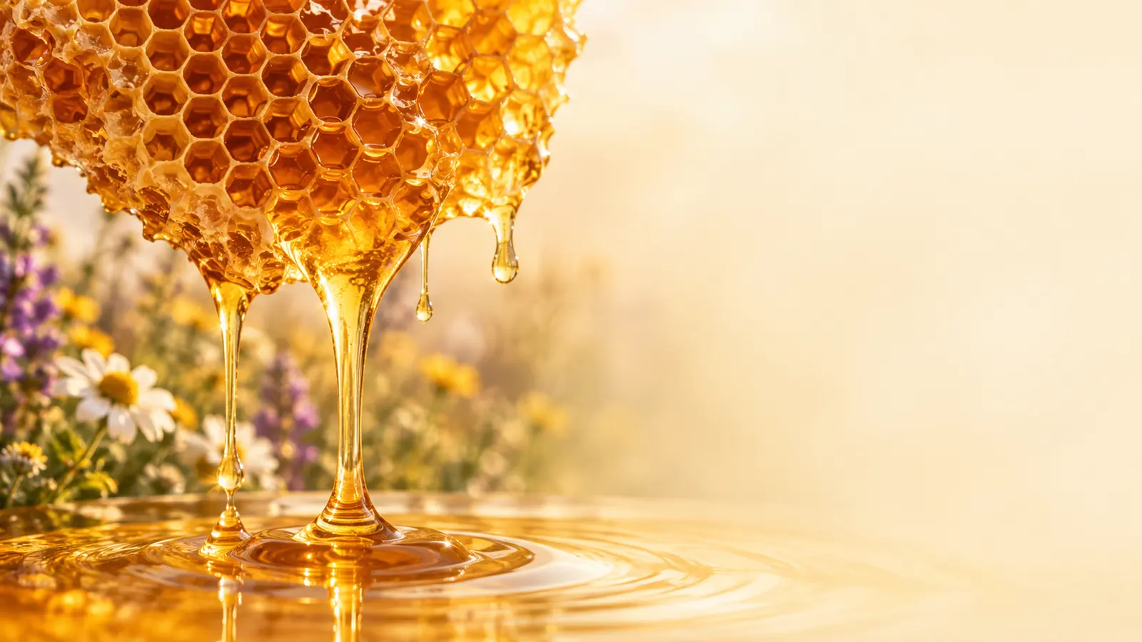 Honigwabe, aus der goldener Honig in eine glänzende Honigfläche tropft