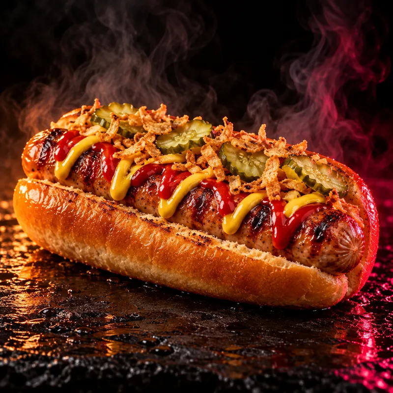 Classic Hot Dog mit Ketchup, Senf, Gurken und Röstzwiebeln