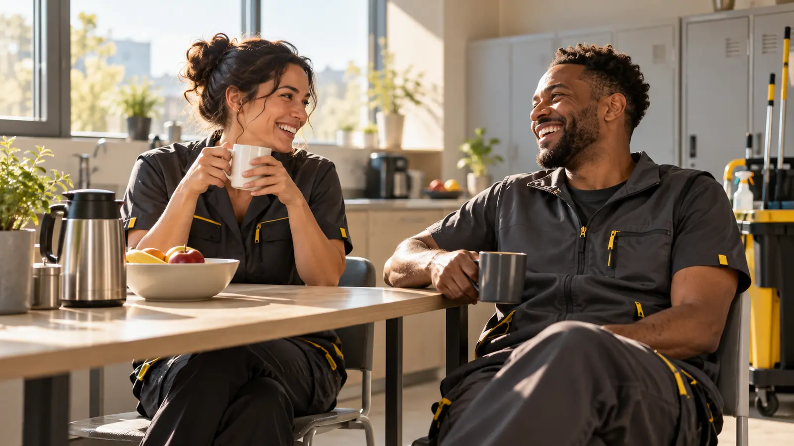 Zwei Mitarbeitende von KLARWERK lachen gemeinsam in der Pause
