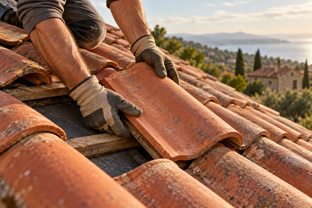 Handwerker mit Arbeitshandschuhen setzt einen Dachziegel ein