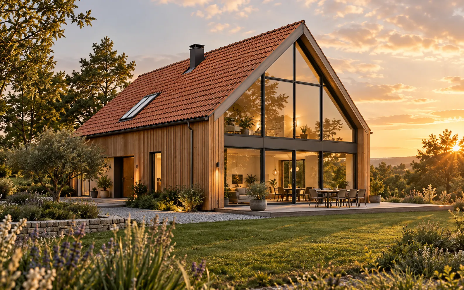 Neubau-Einfamilienhaus mit steilem Satteldach aus roten Tonziegeln und großer Glasfront im Abendlicht