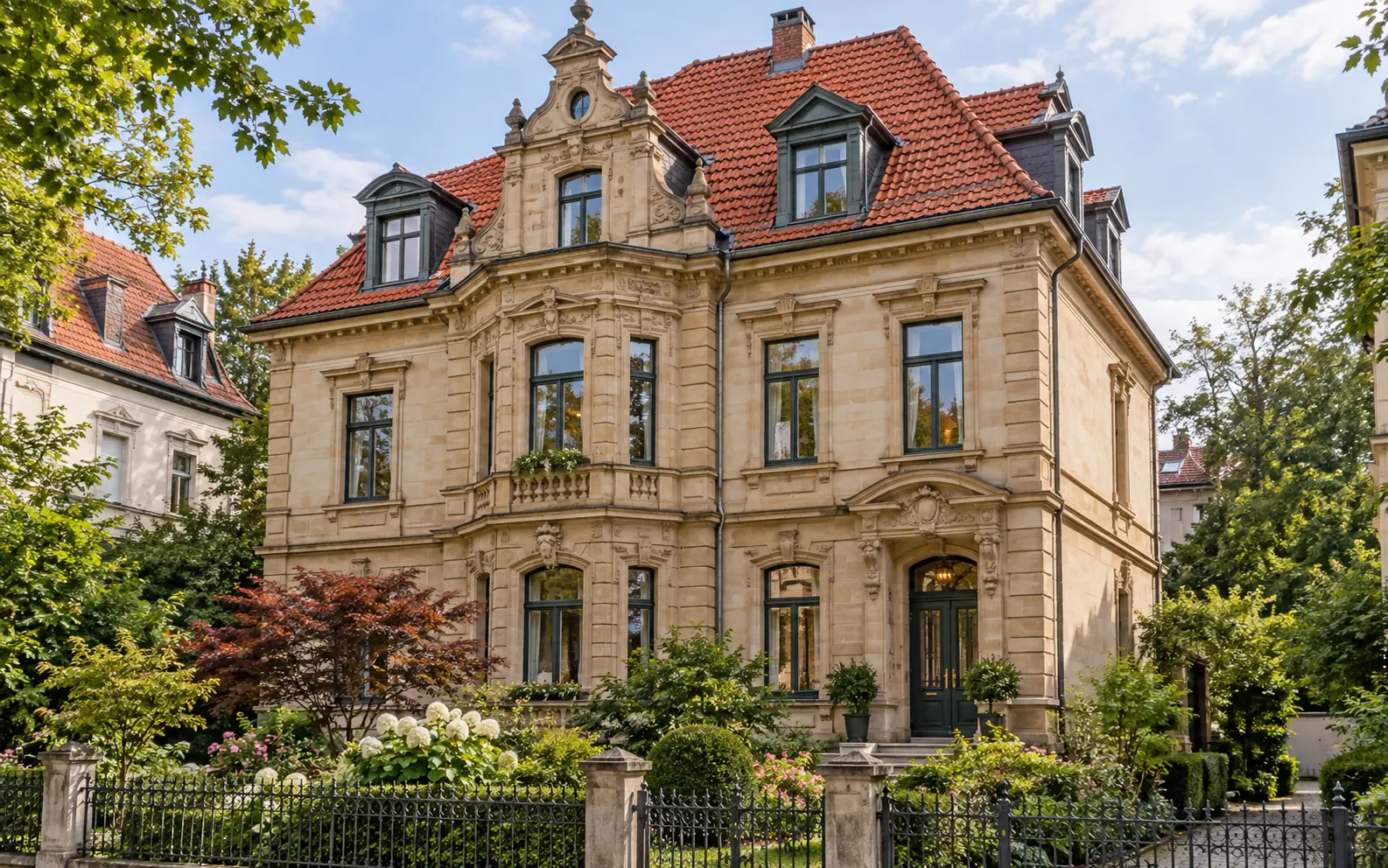 Gründerzeit-Stadthaus aus Sandstein mit neu eingedecktem Ziegeldach und Gauben
