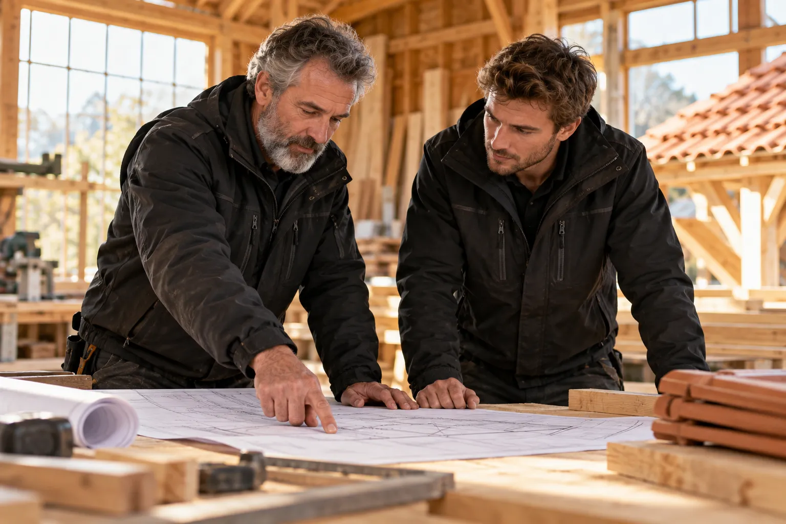 Zwei Dachdecker besprechen einen Bauplan in der Werkstatt