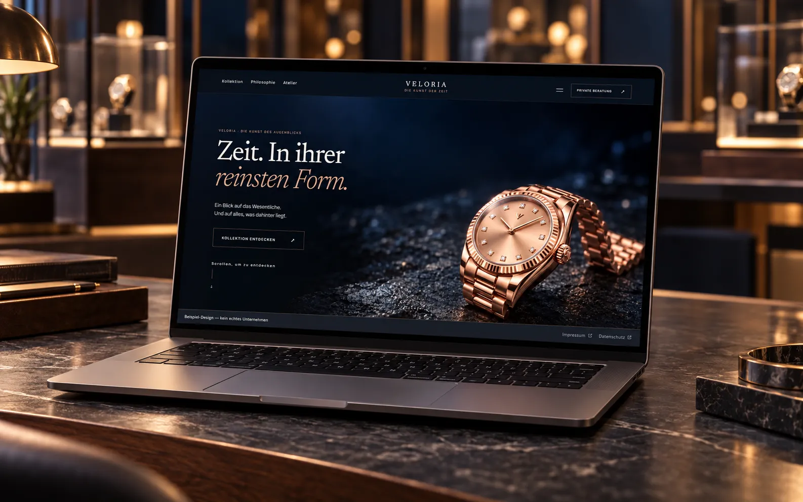 Projekt-Mockup VELORIA auf einem Laptop